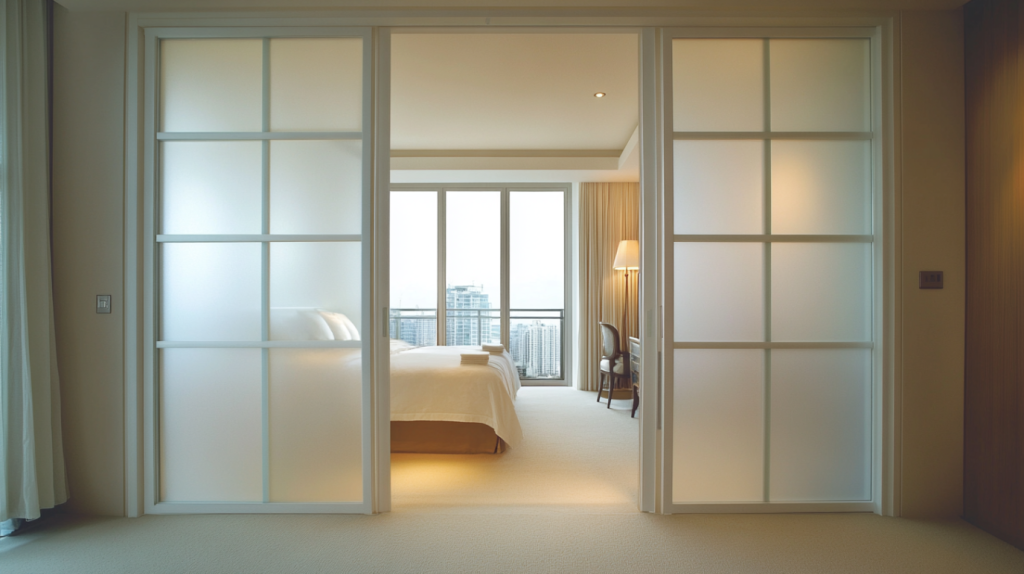 A pair of frosted glass sliding bedroom doors with a sleek frame, designed to optimize space while enhancing the room's light and ambiance.