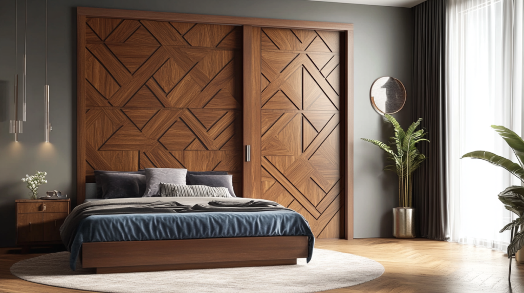 Contemporary sliding bedroom doors with intricate geometric wood patterns, adding elegance and texture to a modern bedroom.