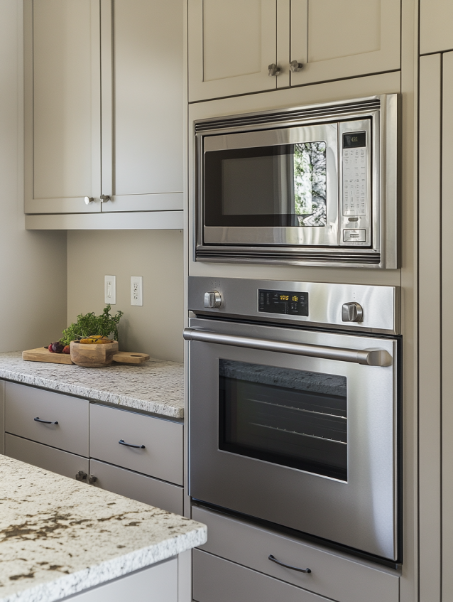 Greige kitchen cabinets combined with stainless steel appliances for a modern, sleek look