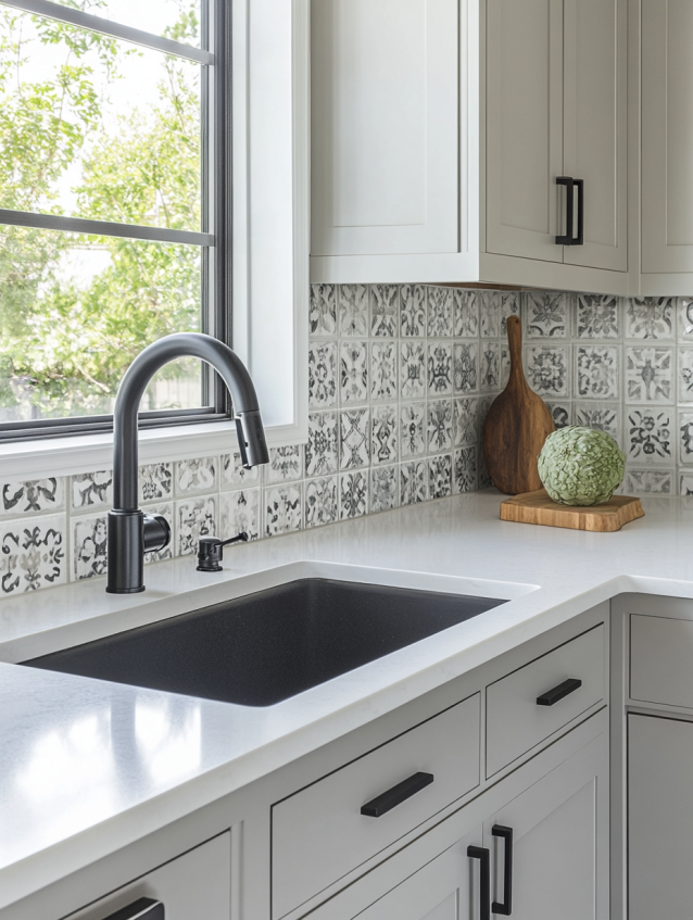 Greige kitchen cabinets with modern tile backsplash in white and black tones