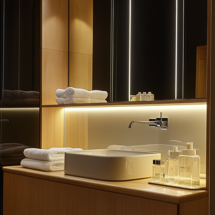 Sleek hotel bathroom with backlit glass cabinets, minimalistic sink, and neatly arranged towels.