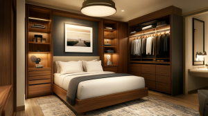 Modern hotel bedroom with custom wood closet and shelves for efficient storage