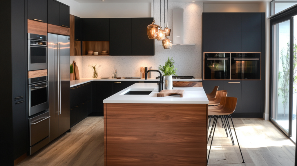 A stylish black kitchen with wood accents and modern lighting over the counter and island.