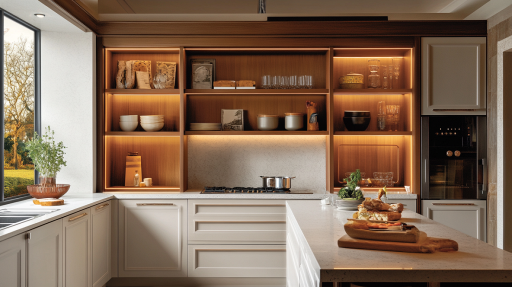 Modern kitchen with illuminated open shelving, white cabinets, warm wood accents and integrated cooktop.