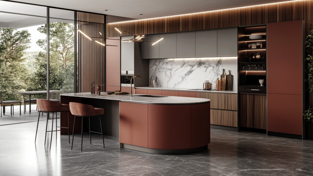 Modern luxury kitchen with a curved terracotta island, marble backsplash, integrated wood cabinetry, sleek fixtures, and floor-to-ceiling windows.
