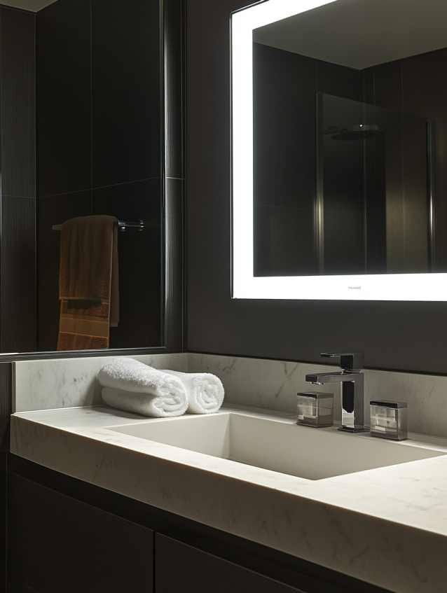 Modern hotel bathroom vanity with marble sink and backlit mirror.