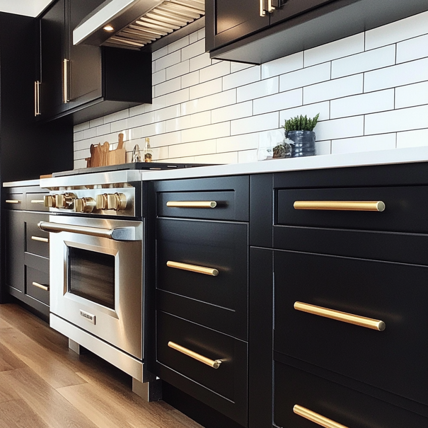 Modern kitchen featuring matte black frameless shaker cabinets with gold handles and white backsplash.