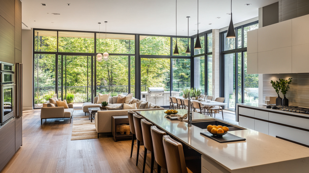 Open‑concept luxury kitchen and living room with floor‑to‑ceiling windows overlooking lush greenery, featuring a sleek island with bar seating and modern pendant lighting.
