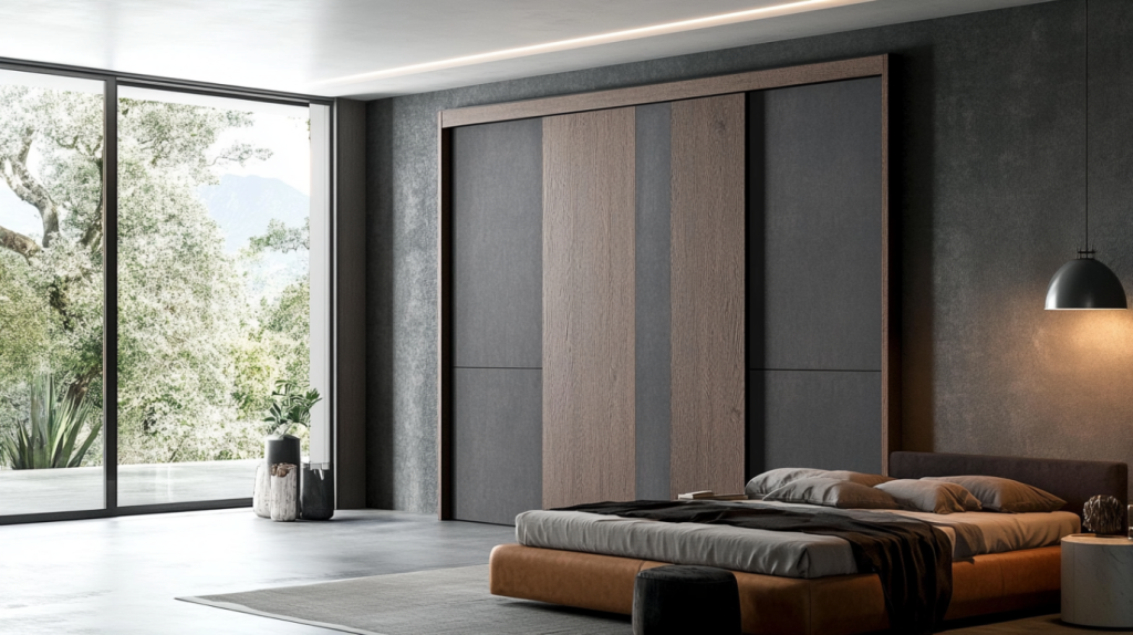 A contemporary sliding bedroom door with a wooden finish, offering a sleek and modern design for a minimalist bedroom.