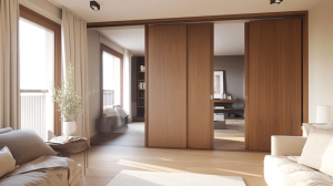 Contemporary wooden sliding interior doors separating spaces in a modern apartment with a clean design and natural lighting.