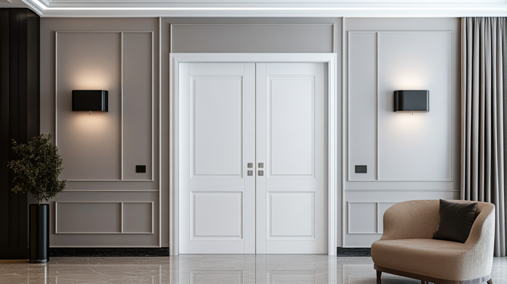 Contemporary white double doors with geometric paneling, ideal for a modern bedroom with sleek finishes.