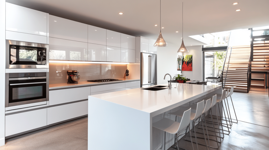 Bright modern white kitchen with glossy cabinets, a long island with bar seating, stainless steel appliances, and pendant lights in an open‑plan layout.