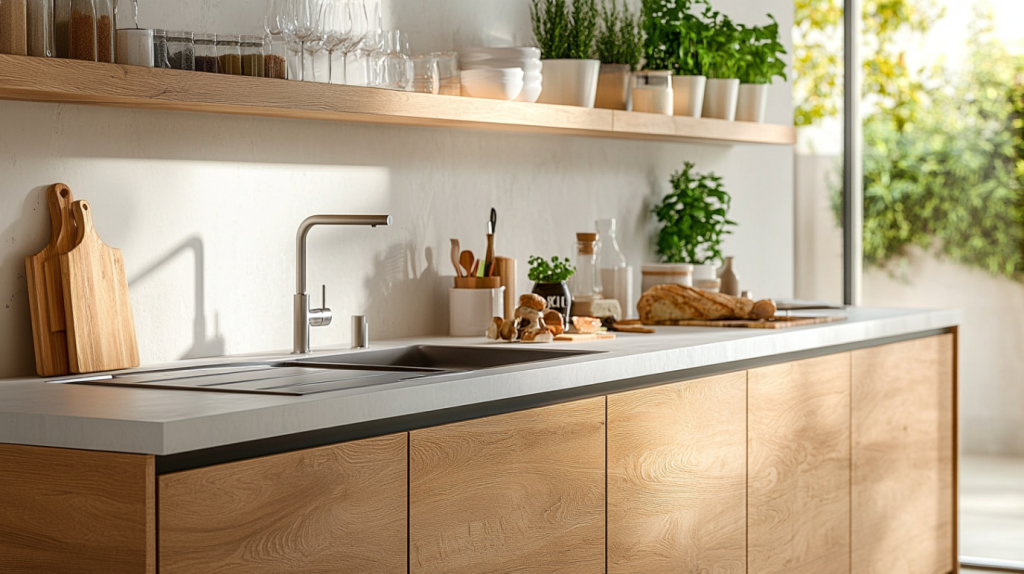 A minimalist wooden kitchen featuring open shelving with plants and a modern sink area.
