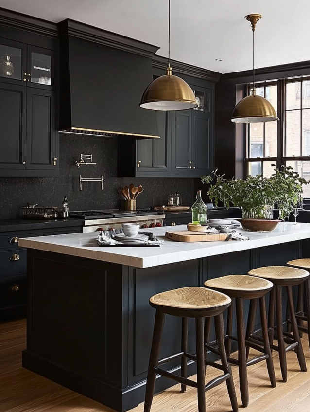 Moody black kitchen with white quartz island, brass pendant lights, cane bar stools and greenery.