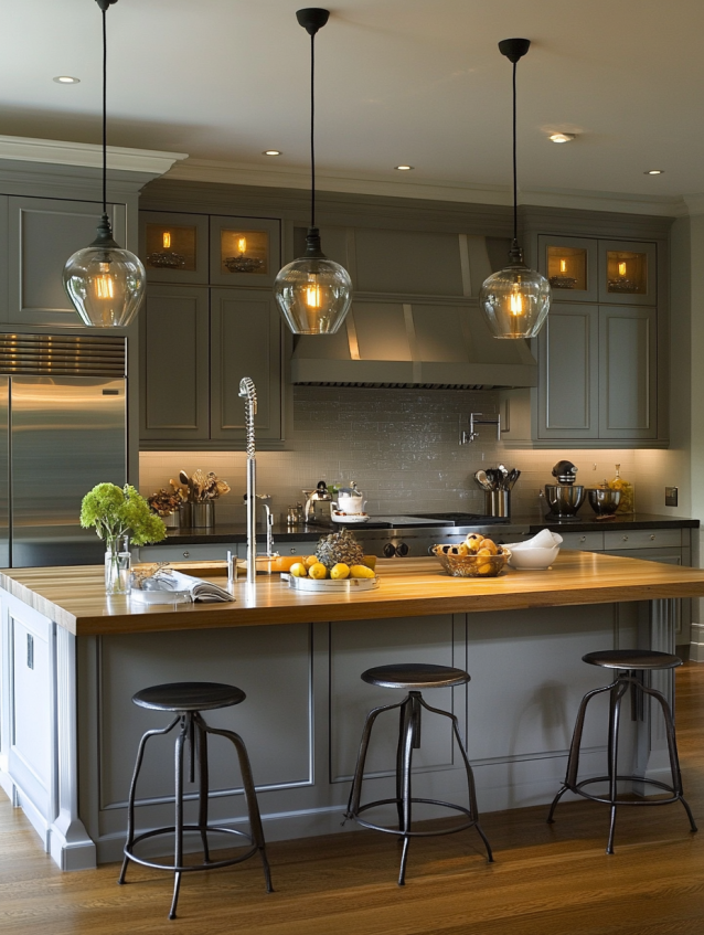 Moody grey kitchen with wood island, clear glass pendant lights, recessed lighting and industrial stools.