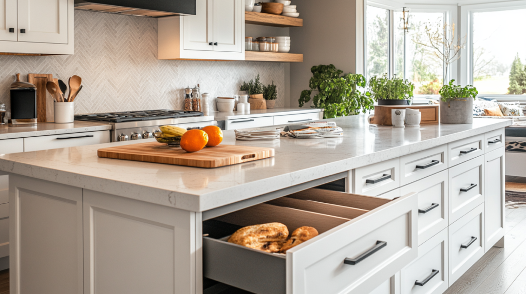 A spacious kitchen island featuring built-in storage drawers and sleek modern design, offering both practicality and style.