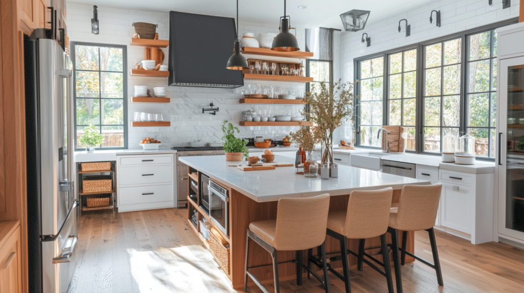A multifunctional kitchen island with ample storage, including shelves and drawers, blending seamlessly into a modern kitchen design.