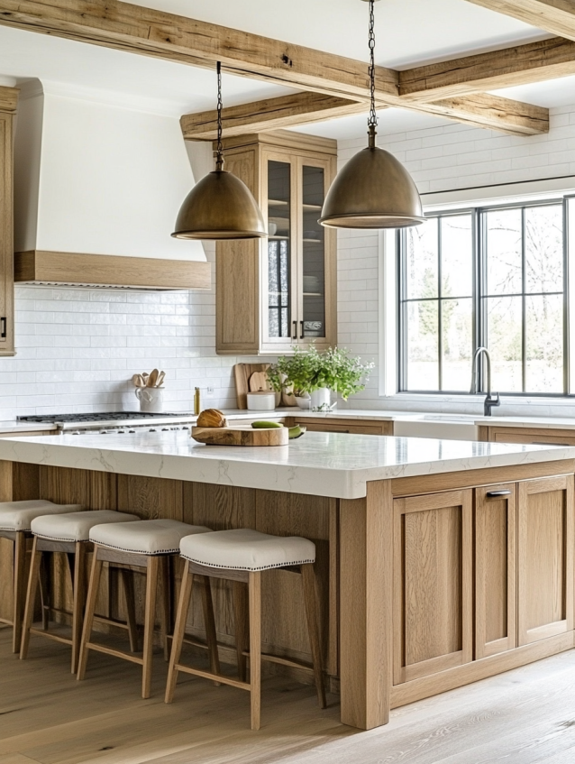 Modern farmhouse kitchen with natural wood island, white marble countertop, brass pendant lights, and exposed wooden beams.