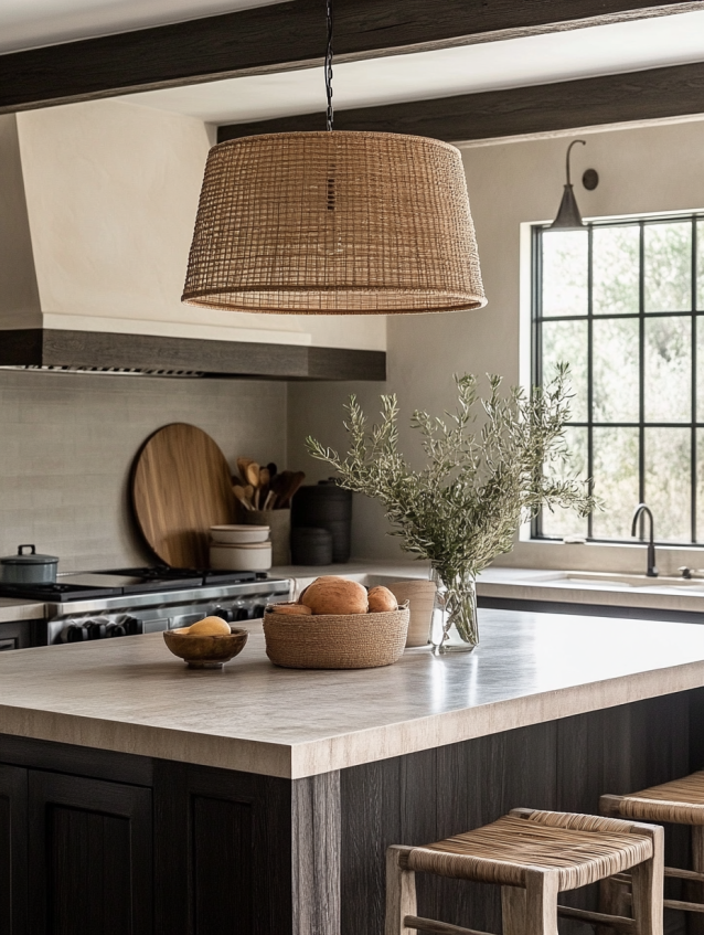 A warm, woven wood pendant light hangs above a kitchen island with a light-colored countertop and modern decor.