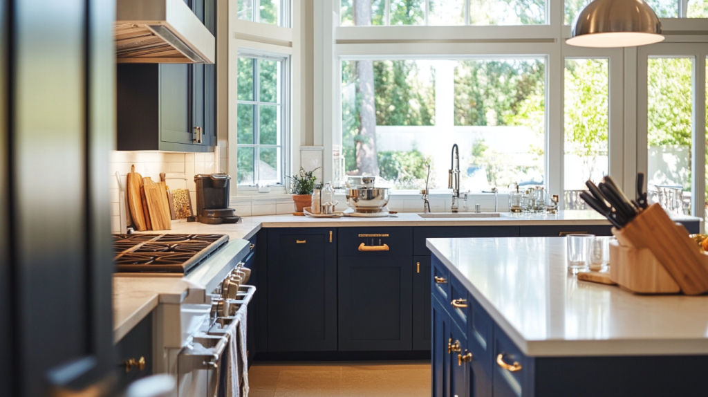 A stylish navy blue kitchen with white countertops, open shelving, and natural light from large windows.