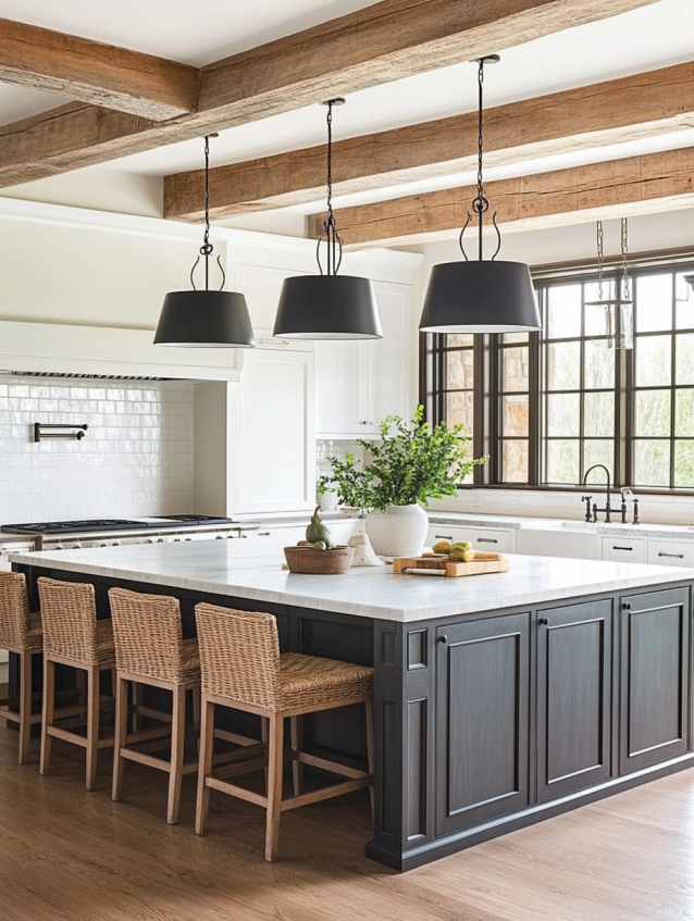 Kitchen with dark blue island, white countertop, black pendant lights, rattan stools and exposed wooden beams.