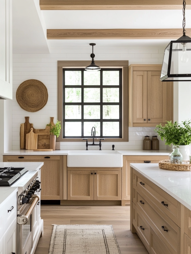 Modern farmhouse kitchen with natural oak cabinets, white apron sink, black-framed window, and exposed beams.