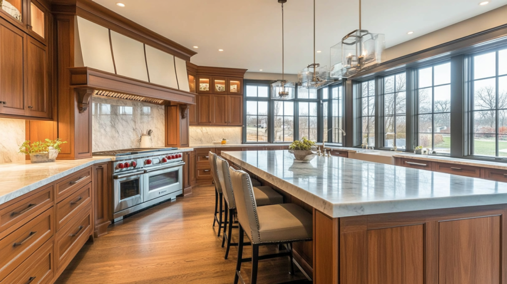 Large luxury kitchen with wood cabinets, marble countertops, expansive island and bar seating, with floor‑to‑ceiling windows.