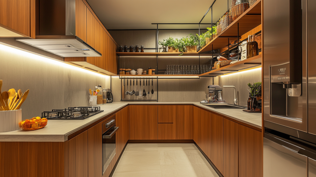 Open shelving and frameless cabinets in a contemporary kitchen.