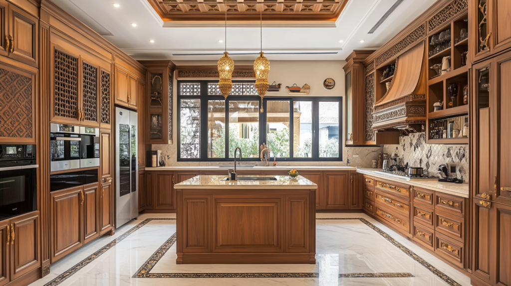 Lavish Middle Eastern‑style kitchen with carved wood cabinets, a central island, ornate lattice panels, and golden pendant lanterns.
