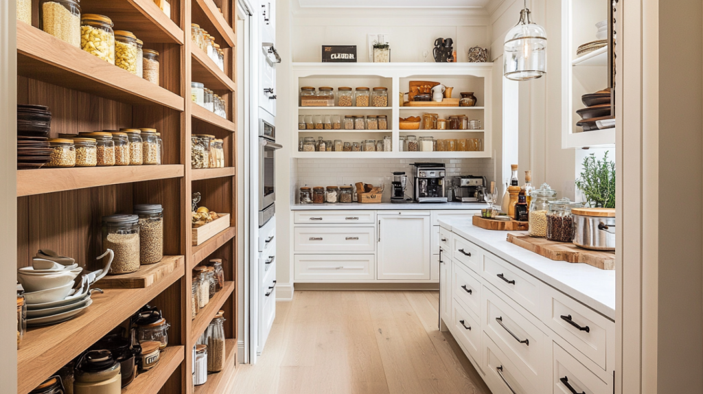 Organized walk‑in pantry with white cabinets, wooden shelves, glass jars and a coffee station.