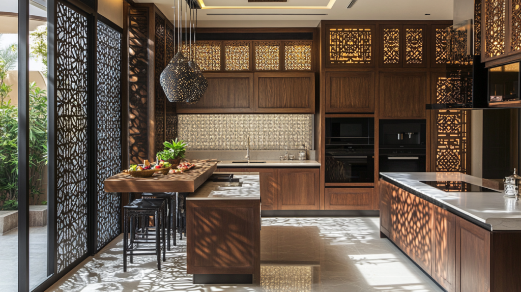 Oriental luxury kitchen with intricate wood lattice patterns, dark wood cabinets, a floating breakfast bar with stools, and pendant lights casting patterned shadows.