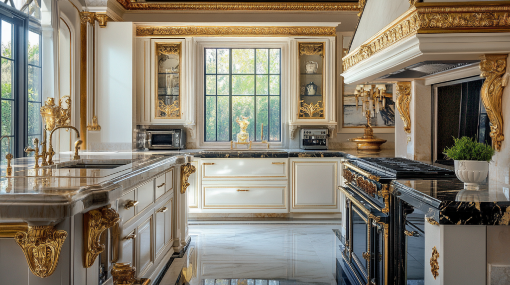 Lavish classic kitchen with ornate gold detailing, cream cabinets, marble countertops, black and gold stove, and a central island.