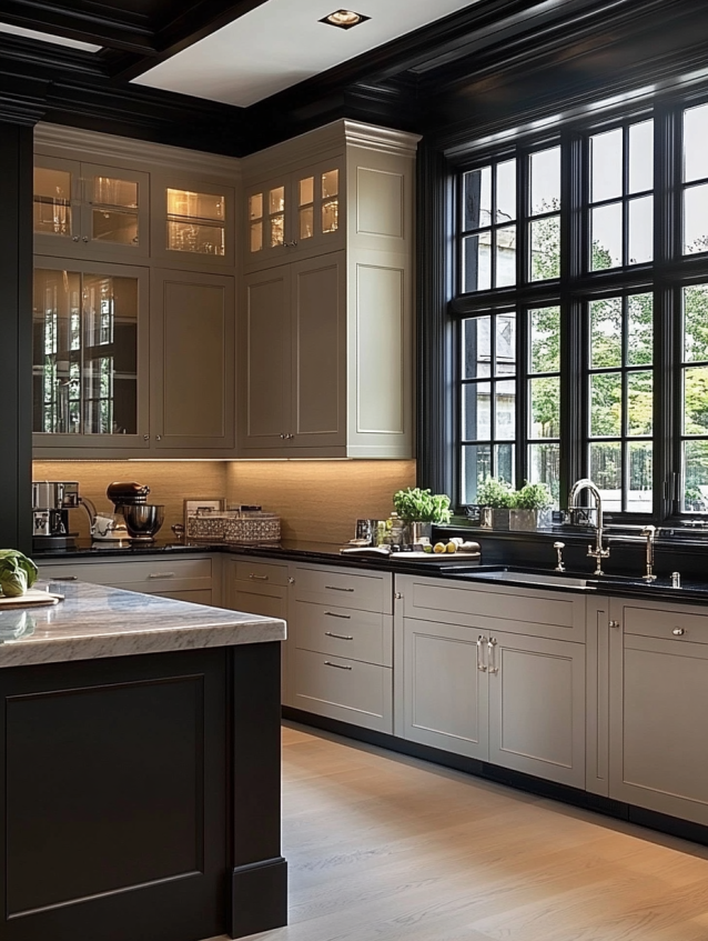 Dark greige kitchen cabinets paired with black countertops and hardware