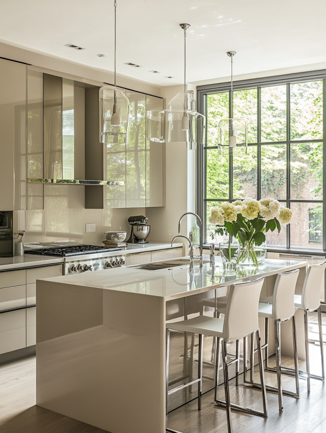 Contemporary kitchen with modern greige cabinets and glass shelves for a sleek, open look