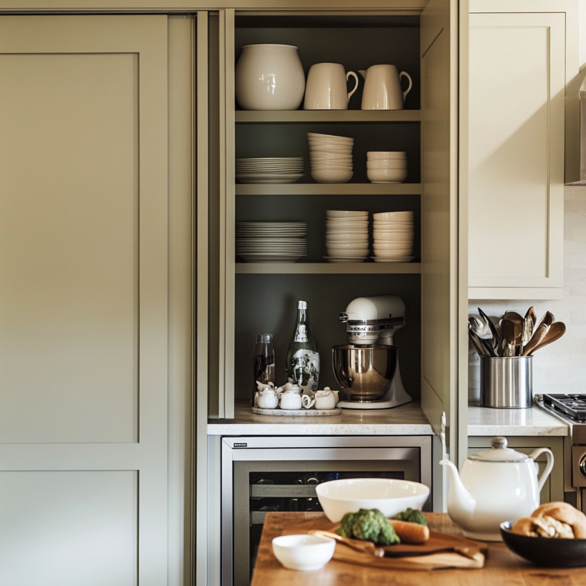 Interior sliding door paired with custom cabinet drawers, providing easy access and a clutter-free living space.