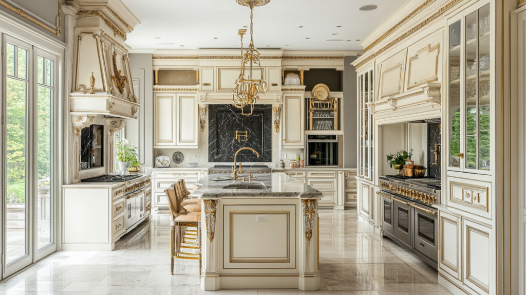 Palatial European‑style luxury kitchen with cream cabinets, gilded accents, marble countertops, ornate chandeliers, and a large island.