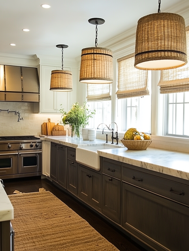 Multiple rattan pendant lights hang above a kitchen with white cabinets, marble countertops, and a farmhouse sink.