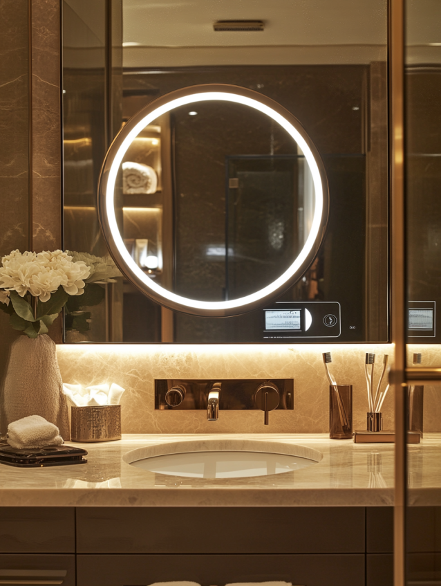Luxurious bathroom with a round mirror and contemporary sink.