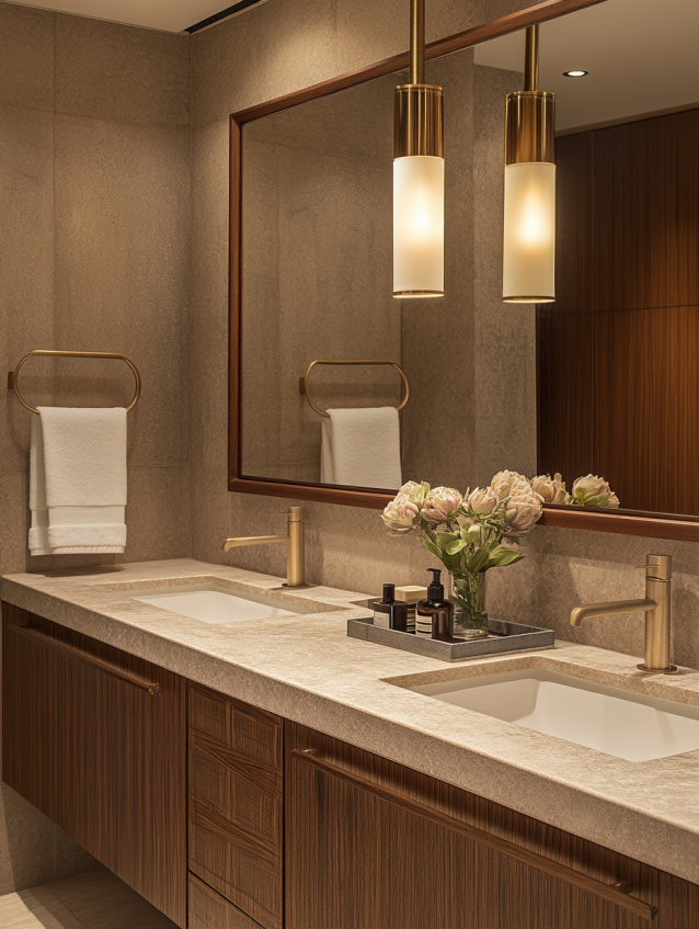 Rich walnut hotel bathroom vanity with brass fixtures and clean marble top.