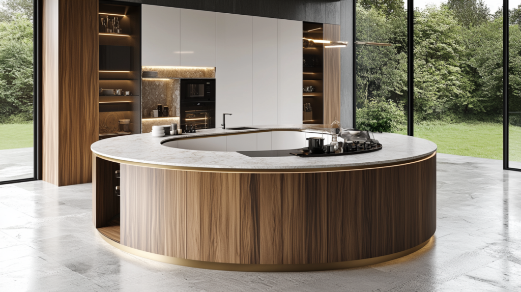 A round kitchen island with sleek lines, featuring wood accents and marble countertop, adding a bold design to any modern kitchen.