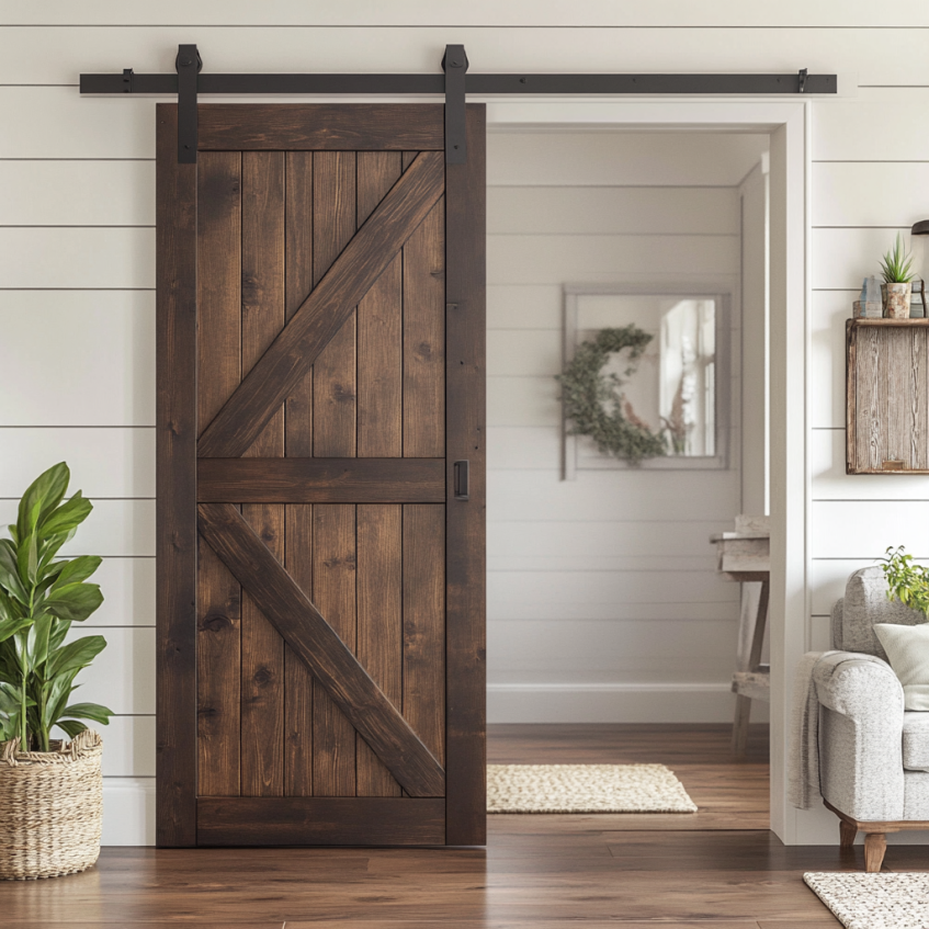 Rustic farmhouse style interior door with a rich wood finish and dark metal hardware, enhancing a warm, inviting living space.