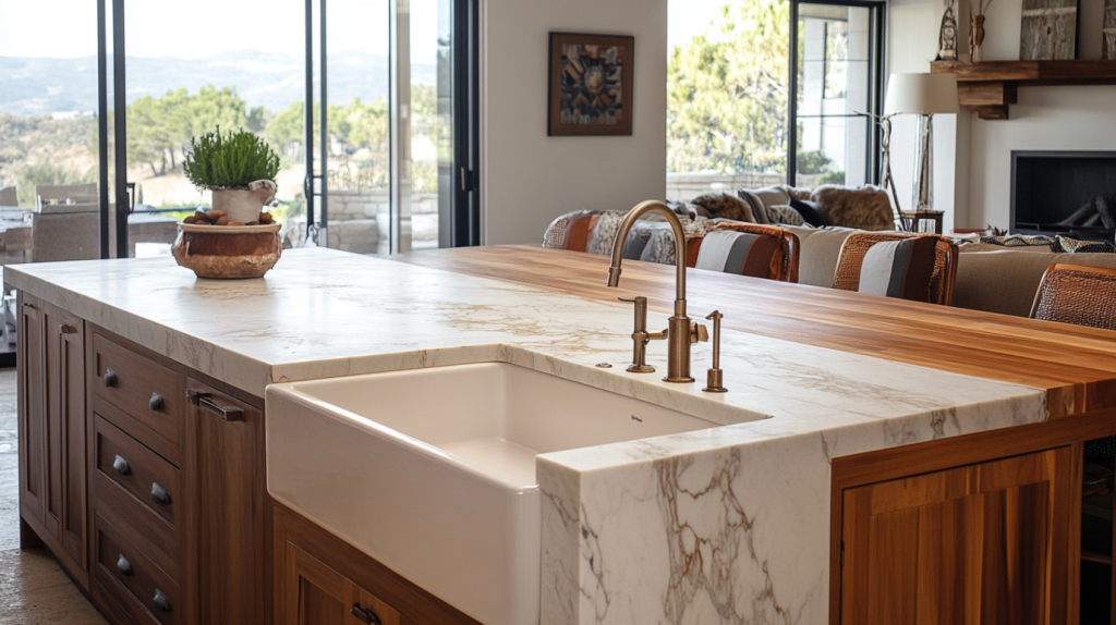 A rustic kitchen with a marble and wood island featuring a farmhouse sink, creating a warm and inviting atmosphere.