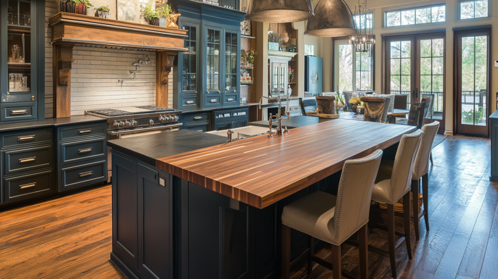 Rustic kitchen featuring a dark wood island with a butcher block countertop, complemented by elegant pendant lights and modern seating.