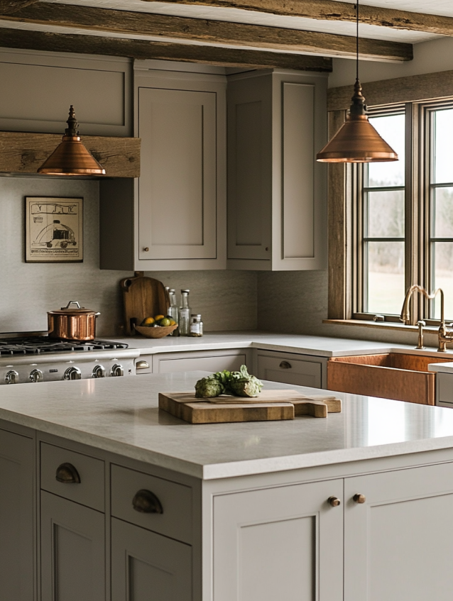 Greige kitchen cabinets with natural wood accents in a rustic modern design