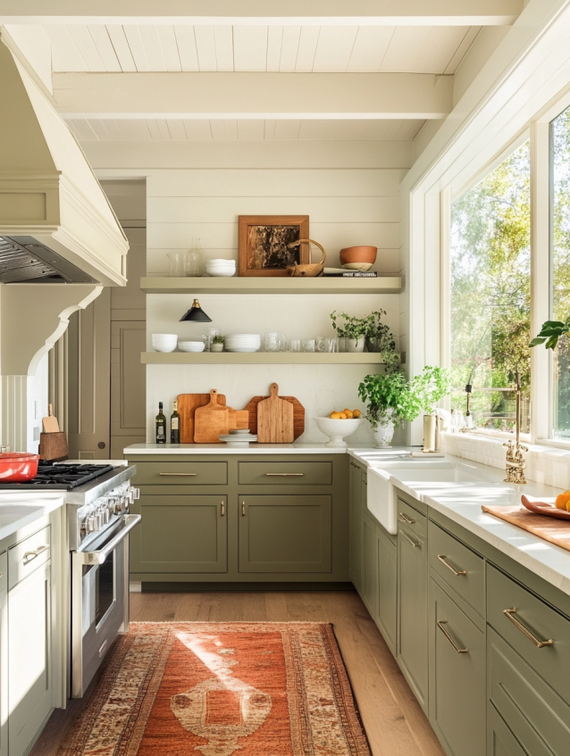 Bright sage green kitchen with farmhouse sink, open shelving, red runner rug and brass hardware.