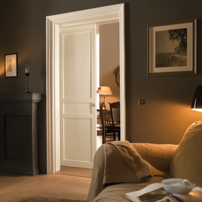 Interior sliding door in a modern home, providing space-saving solutions with a sleek, minimalist design.