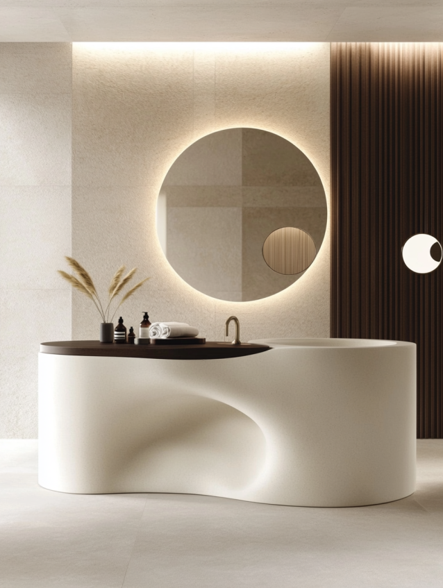 Modern hotel bathroom featuring a sculptural freestanding tub and circular mirror.