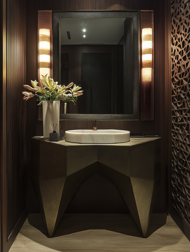 Modern sculptural hotel bathroom vanity with minimalist design and natural stone finish.