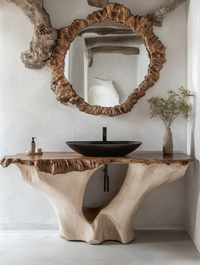 Sculptural wooden hotel bathroom vanity with black sink and artistic mirror.