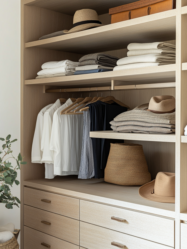 semi-open hotel closet with clothes and accessories on display